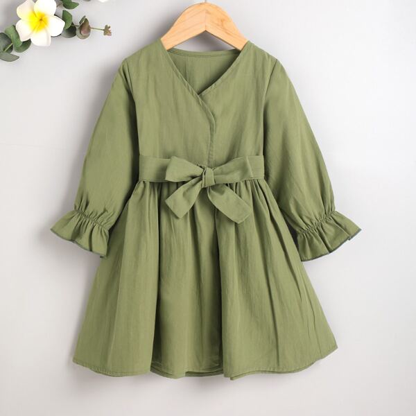 

Toddler Girls Surplice Front Belted Swing Dress, Army green