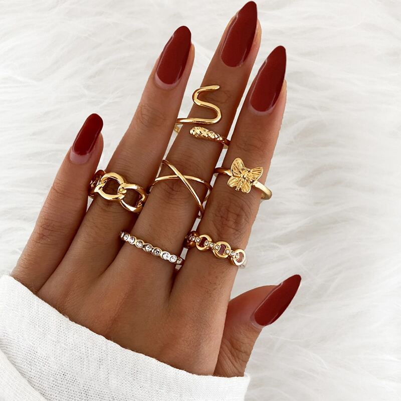 

6pcs Butterfly Rhinestone Ring, Gold