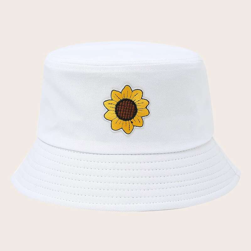 

Sunflower Embroidery Bucket Hat, White