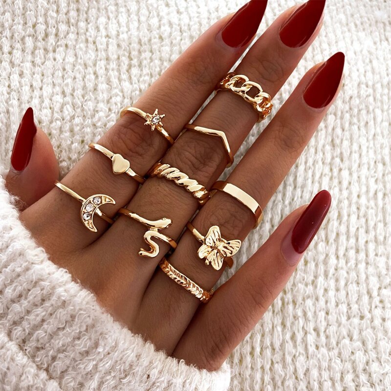 

10pcs Butterfly & Moon Design Ring, Gold
