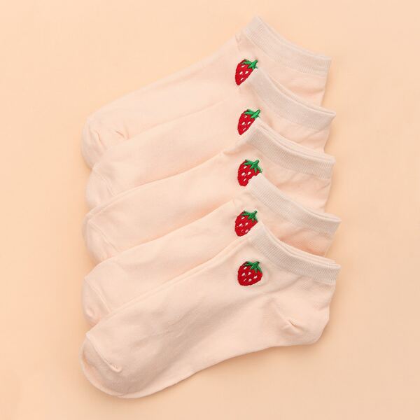 

5pairs Strawberry Embroidered Ankle Socks, Beige