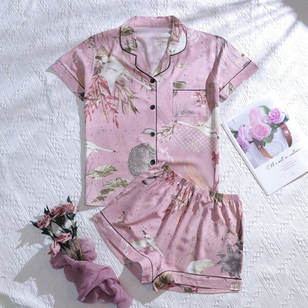 

Plants Print Pajama Set, Baby pink