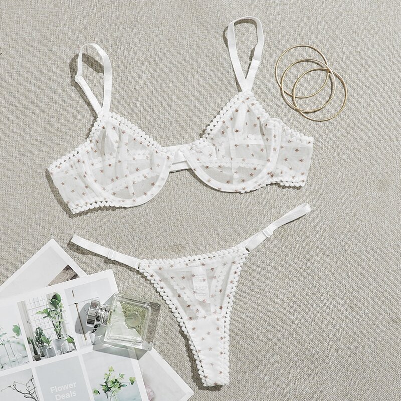 

Star Print Mesh Underwire Lingerie Set, White