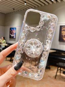 Rhinestone Decor Phone Case With Stand-Out Phone Grip - Silver - View 1