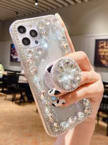 Rhinestone Decor Phone Case With Stand-Out Phone Grip - Silver - View 2