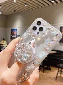 Rhinestone Decor Phone Case With Stand-Out Phone Grip - Silver - View 3