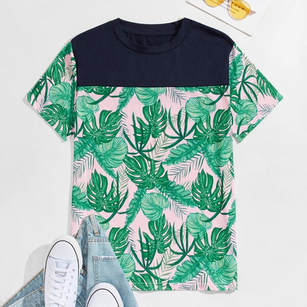 

Men Tropical Print Colorblock Tee, Multicolor