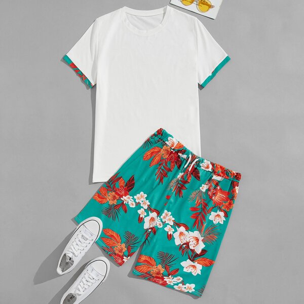 

Men Tee & Plants Print Shorts, Multicolor