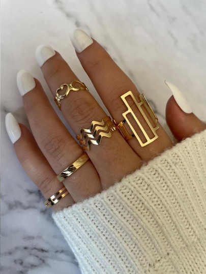 طقم خواتم معدنية بسيطة غير متماثلة بموجة قلب 5قطع/طقم