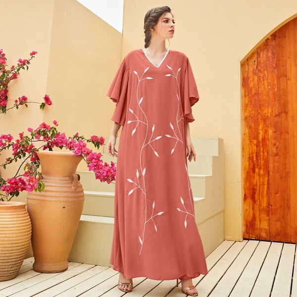

Butterfly Sleeve Plants Print Dress, Burnt orange