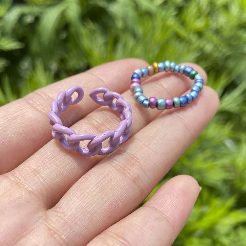 

2pcs Chain & Beaded Ring, Multicolor