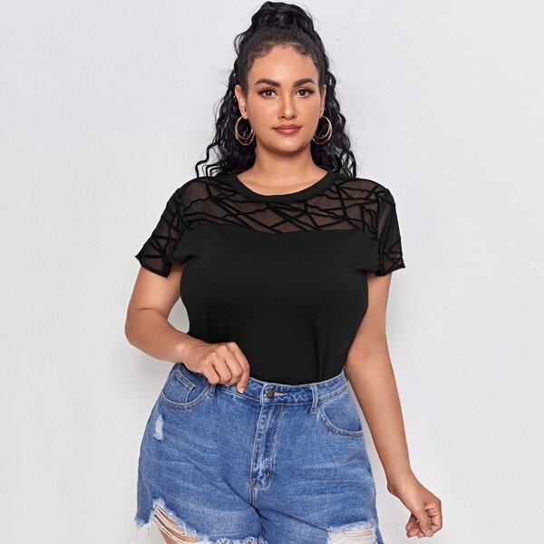 

Plus Contrast Mesh Panel Tee, Black