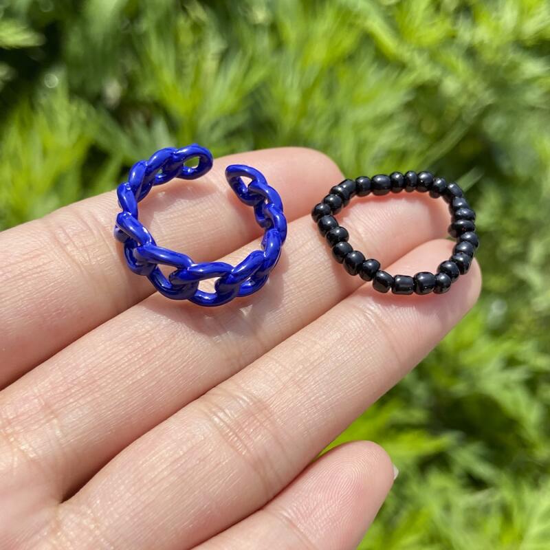 

2pcs Chain & Beaded Ring, Multicolor