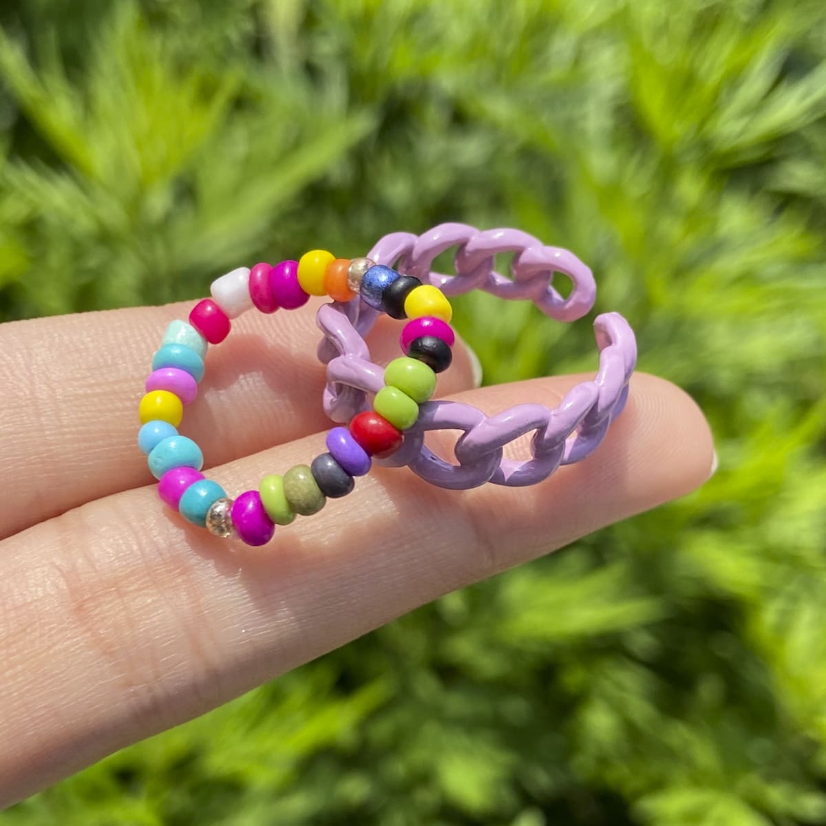 

2pcs Chain & Beaded Ring, Multicolor
