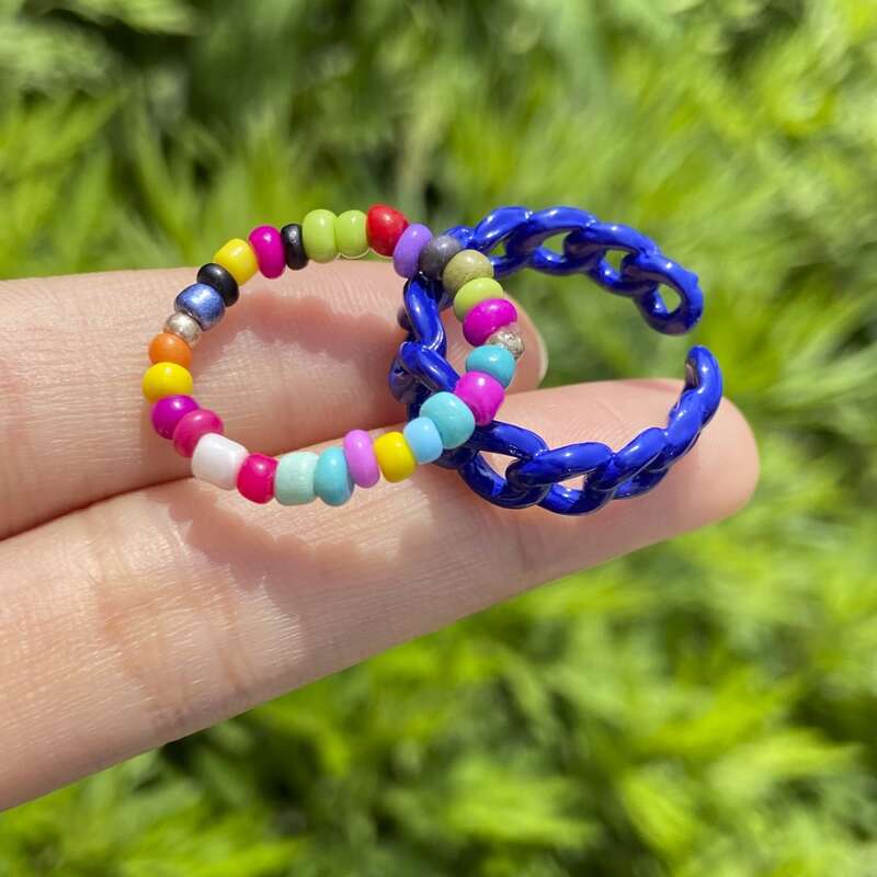 

2pcs Chain & Beaded Ring, Multicolor