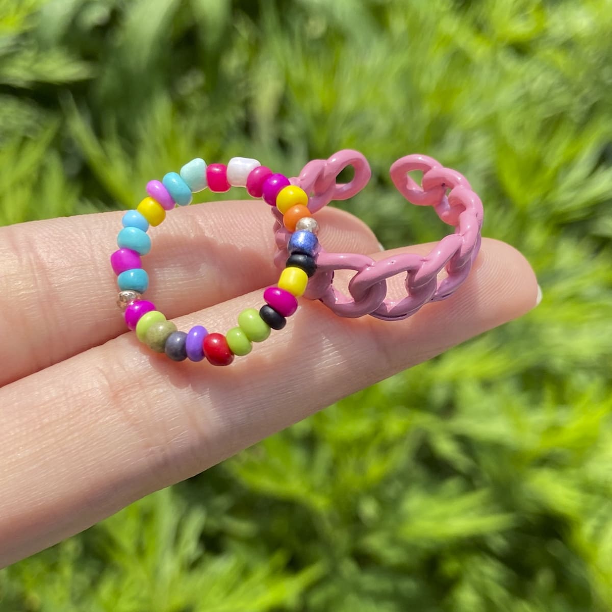 

2pcs Chain & Beaded Ring, Multicolor