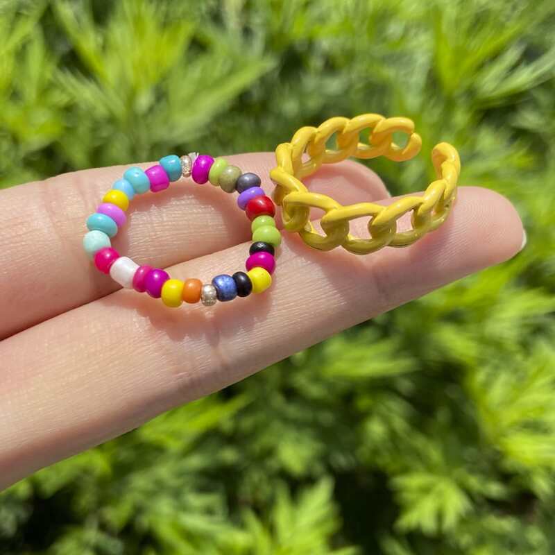 

2pcs Chain & Beaded Ring, Multicolor