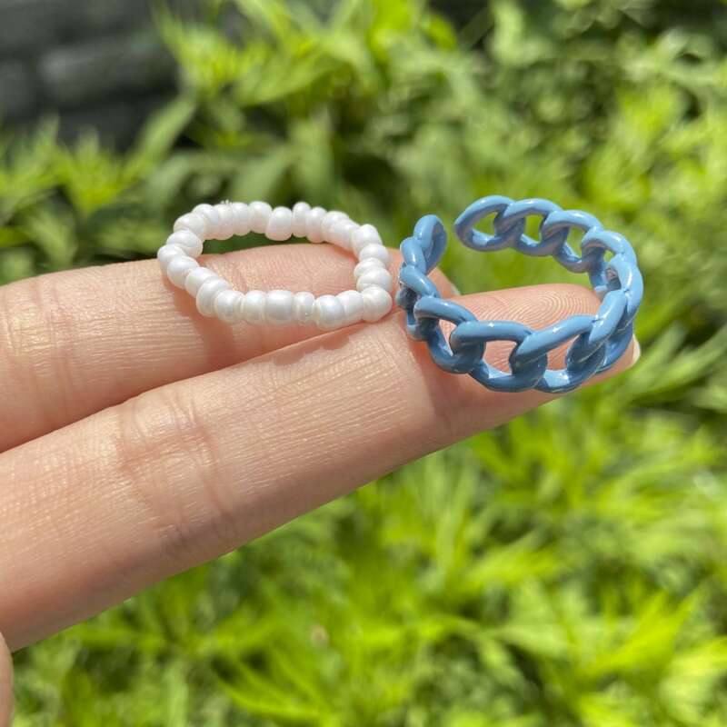 

2pcs Chain & Beaded Ring, Blue