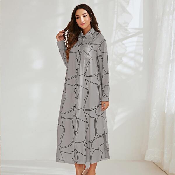 

Graphic Print Button Front Shirt Dress Without Belt, Grey