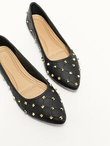 鉚釘裝飾芭蕾平底鞋 - 黑色 - 查看 3