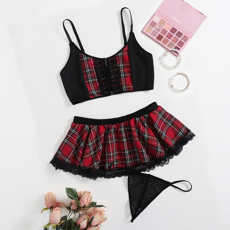 

3pack Tartan Lace Trim School Girl Costume Set With Thong, Multicolor