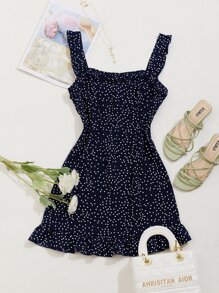SHEIN SunnyBelle Ruffle Trim Polka Dot Dress - Navy Blue - View 1