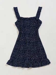 SHEIN SunnyBelle Ruffle Trim Polka Dot Dress - Navy Blue - View 4