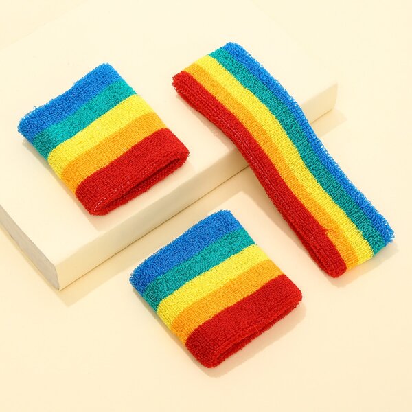 

Rainbow Striped Hair Band & 2pcs Wrist Protector, Multicolor