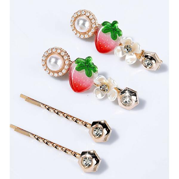 

4pcs Flower & Strawberry Decor Hair Clip, Multicolor