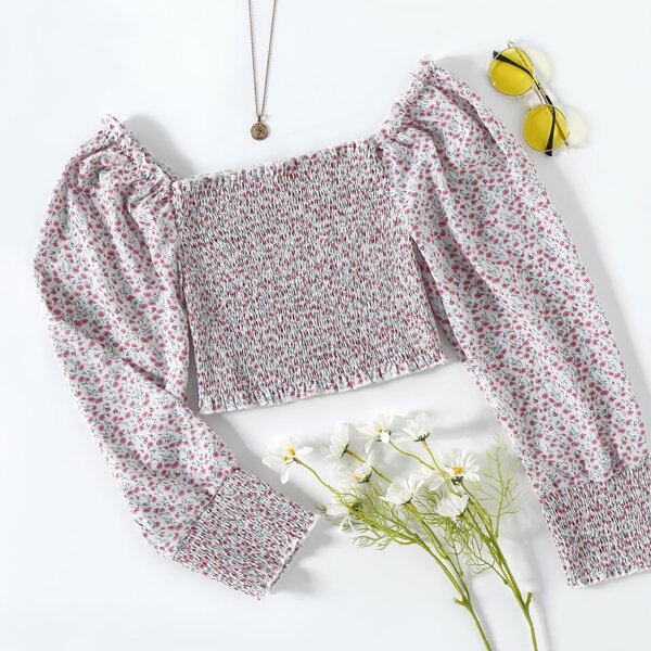 

Ditsy Floral Shirred Crop Blouse, Multicolor