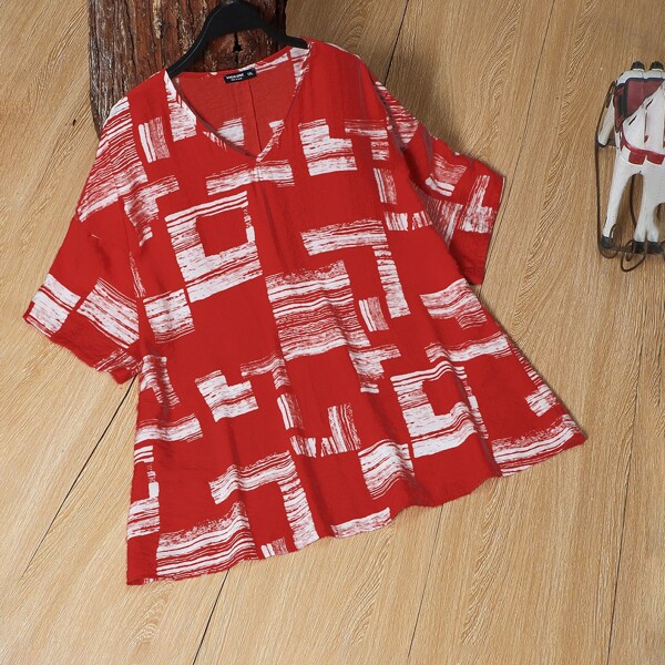 

Plus Color Block Drop Shoulder Top, Red and white