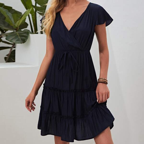 

Surplice Neck Knot Front Ruffle Hem Dress, Navy blue