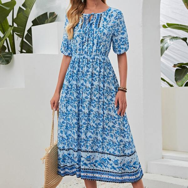 

Allover Floral Tie Neck Dress, Blue