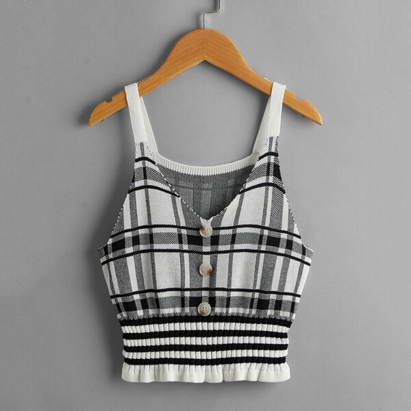 

Girls Plaid Ruffle Hem Knit Top, Black and white