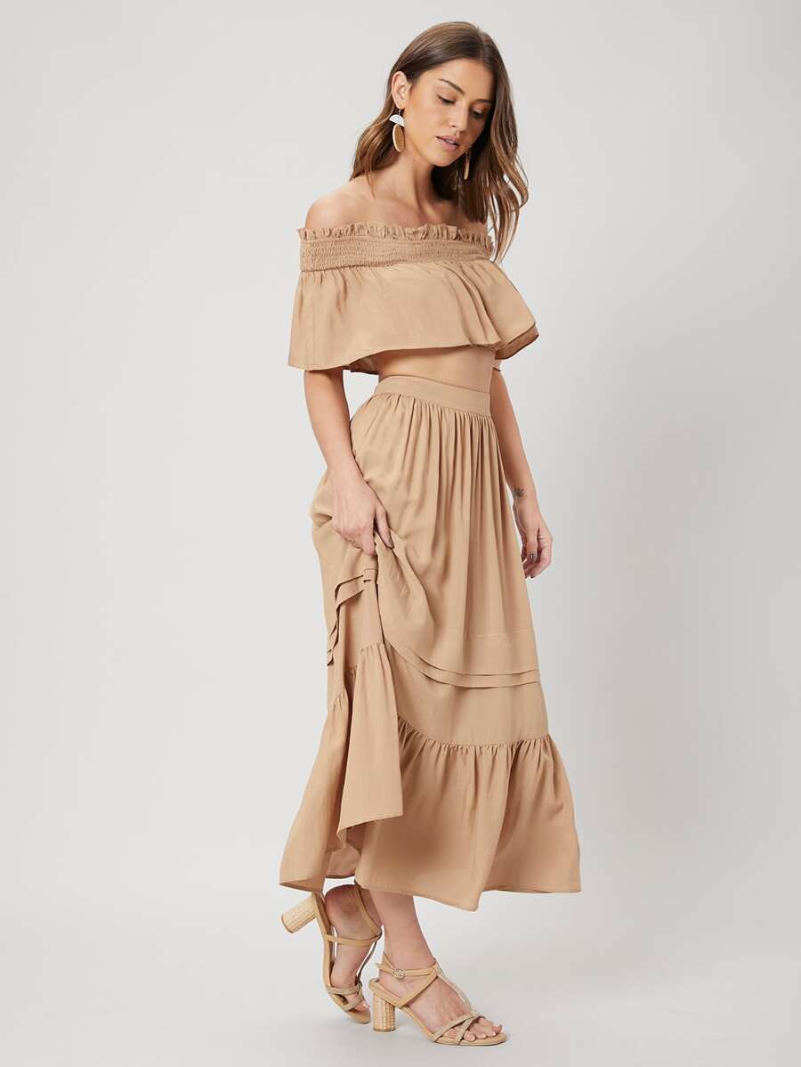 SHEIN Crop Bardot Top & Flowy Skirt Set - Khaki - View 1