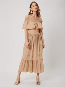 SHEIN Crop Bardot Top & Flowy Skirt Set - Khaki - View 4