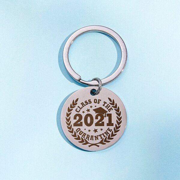 

Slogan Graphic Round Charm Keychain, Silver