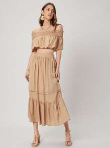 SHEIN Crop Bardot Top & Flowy Skirt Set - Khaki - View 5