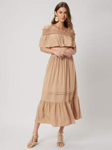 SHEIN Crop Bardot Top & Flowy Skirt Set - Khaki - View 6