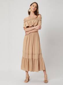 SHEIN Crop Bardot Top & Flowy Skirt Set - Khaki - View 7