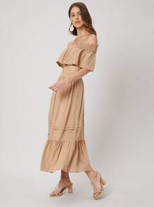 SHEIN Crop Bardot Top & Flowy Skirt Set - Khaki - View 8