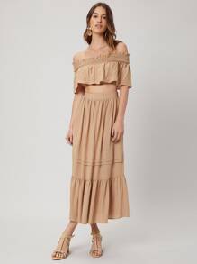 SHEIN Crop Bardot Top & Flowy Skirt Set - Khaki - View 9