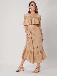 SHEIN Crop Bardot Top & Flowy Skirt Set - Khaki - View 10