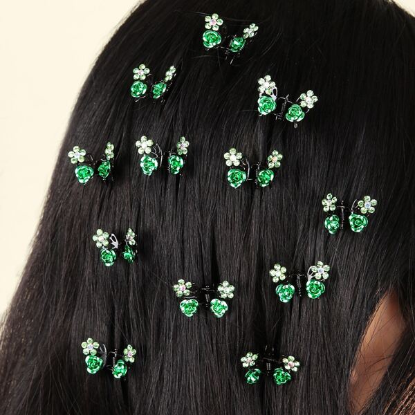 

12pcs Rhinestone Decor Hair Claw, Green