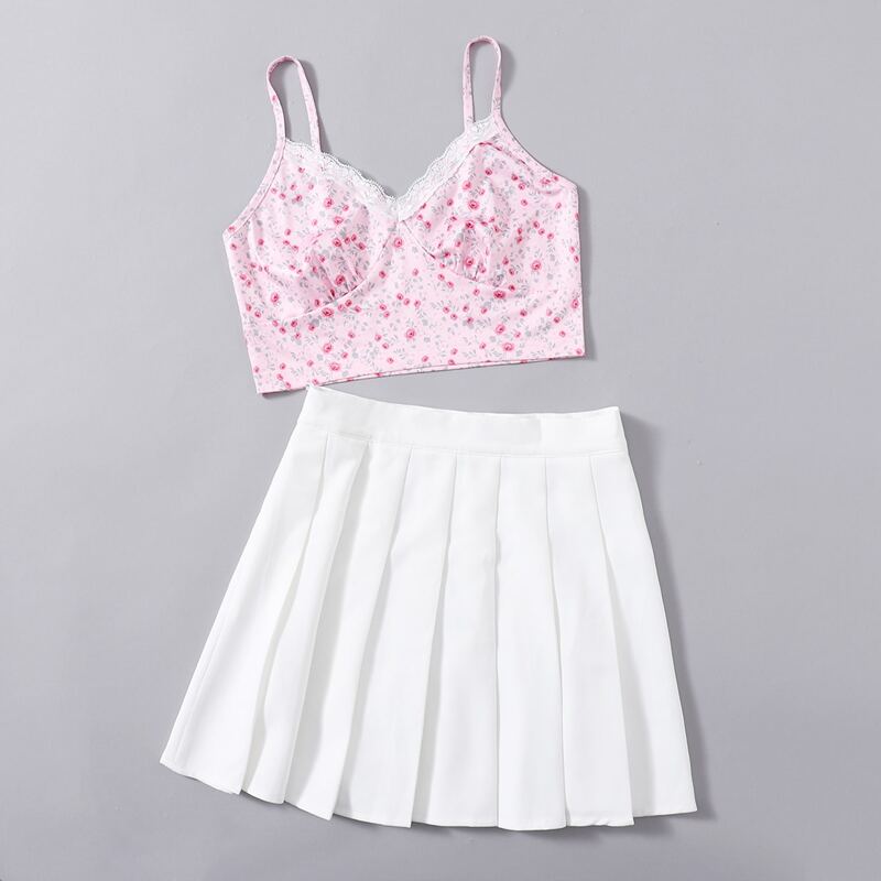 

Ditsy Floral Lace Trim Crop Cami & Solid Pleated Skirt, Multicolor