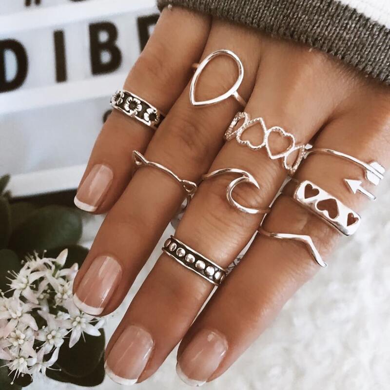 

9pcs Heart & Flower Design Ring, Silver
