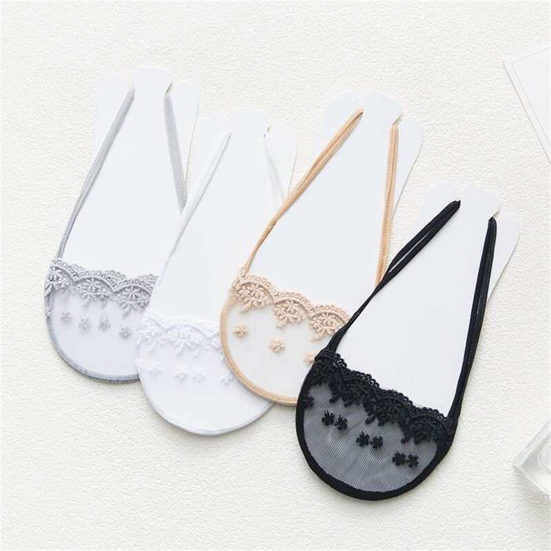 

4pairs Scallop Trim Lace Invisible Socks, Multicolor
