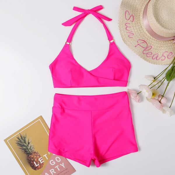 

Neon Pink Wrap Detail Shorts Bikini Swimsuit, Hot pink
