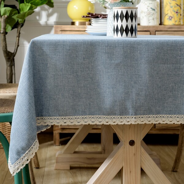 

Plain Lace Trim Tablecloth, Blue