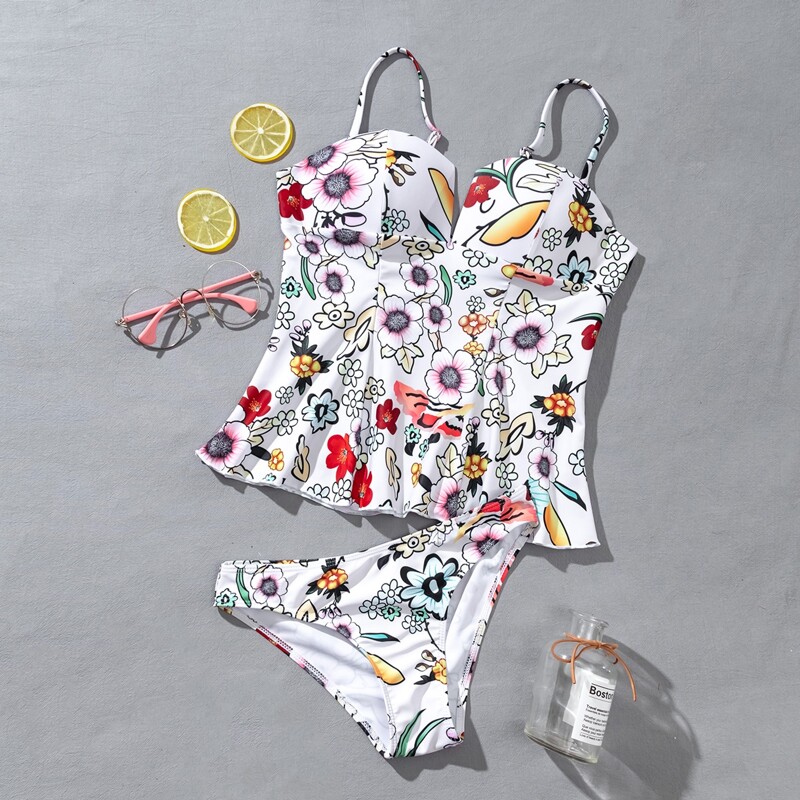 

Floral V Wired Ruffle Hem Bikini Swimsuit, Multicolor